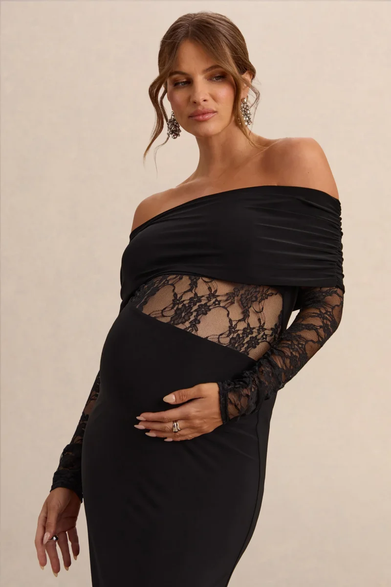 Artemisia | Vestido Largo Negro de Escote Bardot Premamá con Detalles de Encaje - Imagen 5