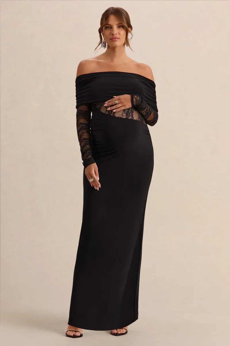 Artemisia | Vestido Largo Negro de Escote Bardot Premamá con Detalles de Encaje - Imagen 4