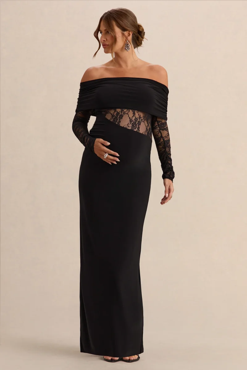 Artemisia | Vestido Largo Negro de Escote Bardot Premamá con Detalles de Encaje
