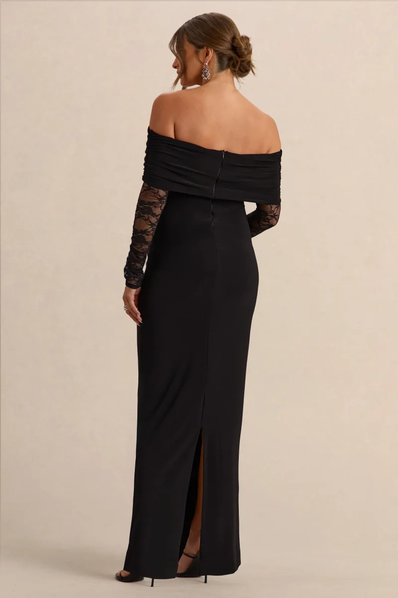 Artemisia | Vestido Largo Negro de Escote Bardot Premamá con Detalles de Encaje - Imagen 3