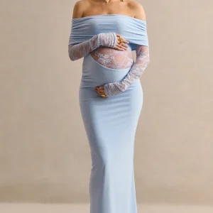 Artemisia | Vestido Largo Premamá Azul Claro Con Escote Bardot Y Detalle De Encaje