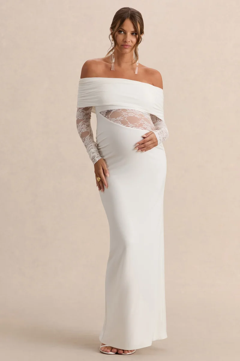 Artemisia | Vestido Premamá Largo Blanco Con Escote Bardot Y Detalle De Encaje - Imagen 5