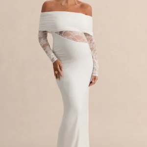 Artemisia | Vestido Premamá Largo Blanco Con Escote Bardot Y Detalle De Encaje