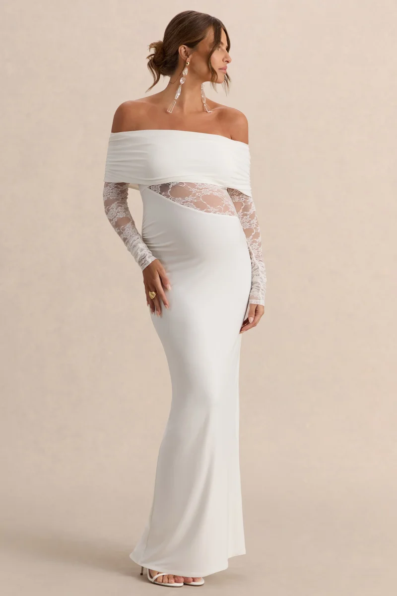 Artemisia | Vestido Premamá Largo Blanco Con Escote Bardot Y Detalle De Encaje