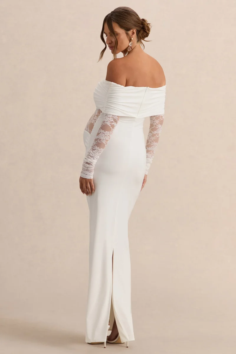 Artemisia | Vestido Premamá Largo Blanco Con Escote Bardot Y Detalle De Encaje - Imagen 3