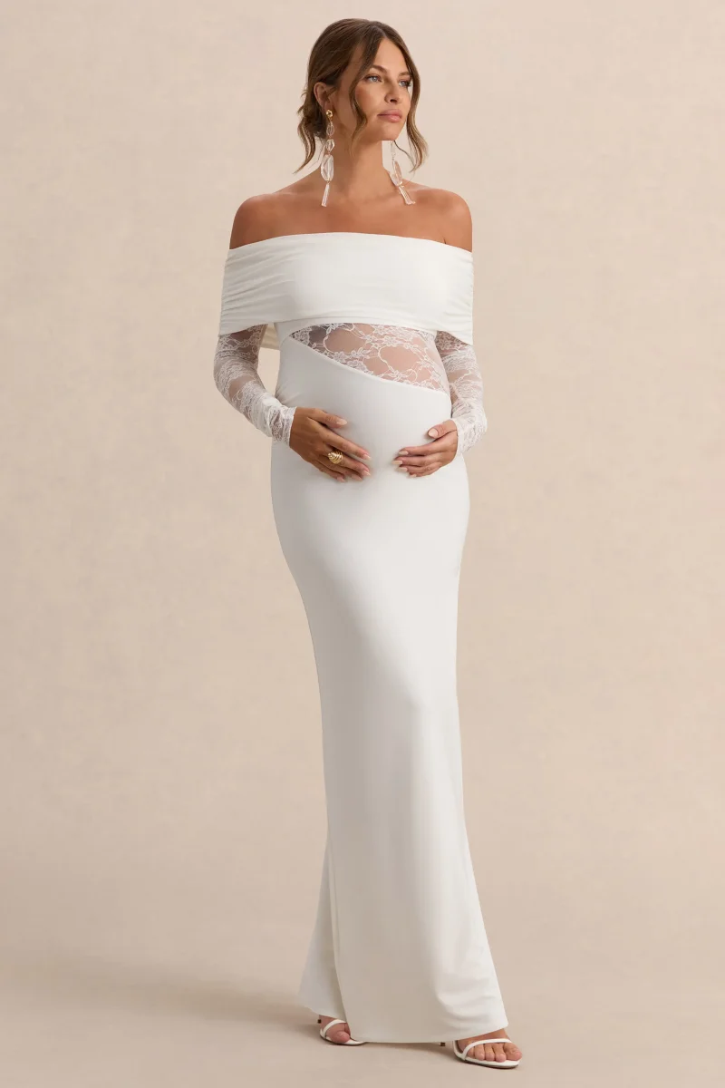 Artemisia | Vestido Premamá Largo Blanco Con Escote Bardot Y Detalle De Encaje - Imagen 6