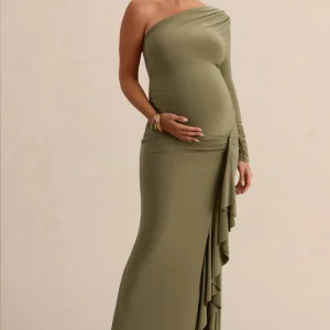 Drusilla | Vestido Largo Oliva Premamá de Escote Asimétrico con Detalle Drapeado