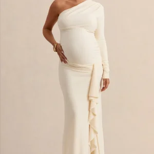 Drusilla | Vestido Largo Crema Premamá de Escote Asimétrico con Detalle Drapeado