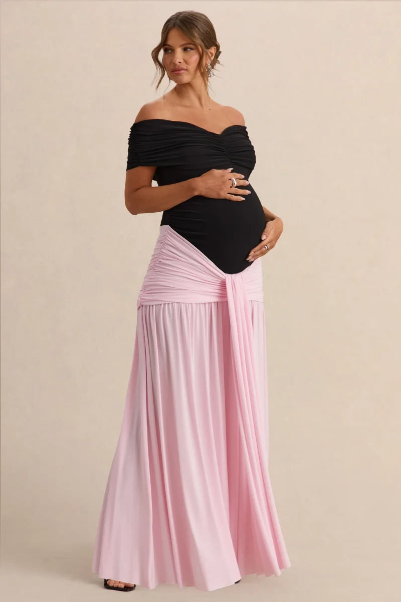 Eudora | Vestido Largo Premamá Negro Y Rosa Pastel Con Escote Bardot Y Detalle Fruncido - Imagen 4