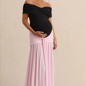 Eudora | Vestido Largo Premamá Negro Y Rosa Pastel Con Escote Bardot Y Detalle Fruncido