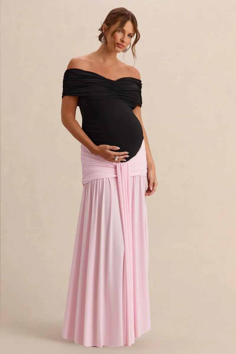 Eudora | Vestido Largo Premamá Negro Y Rosa Pastel Con Escote Bardot Y Detalle Fruncido