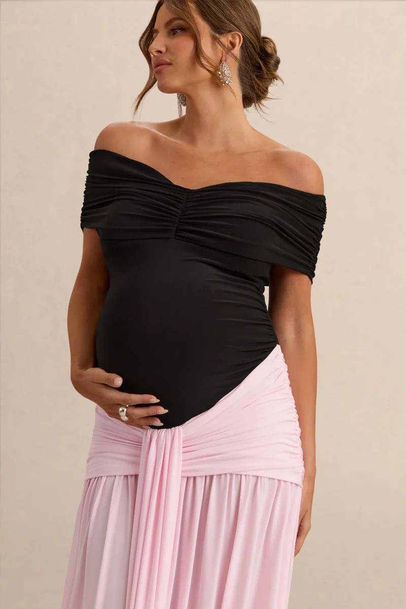 Eudora | Vestido Largo Premamá Negro Y Rosa Pastel Con Escote Bardot Y Detalle Fruncido - Imagen 5