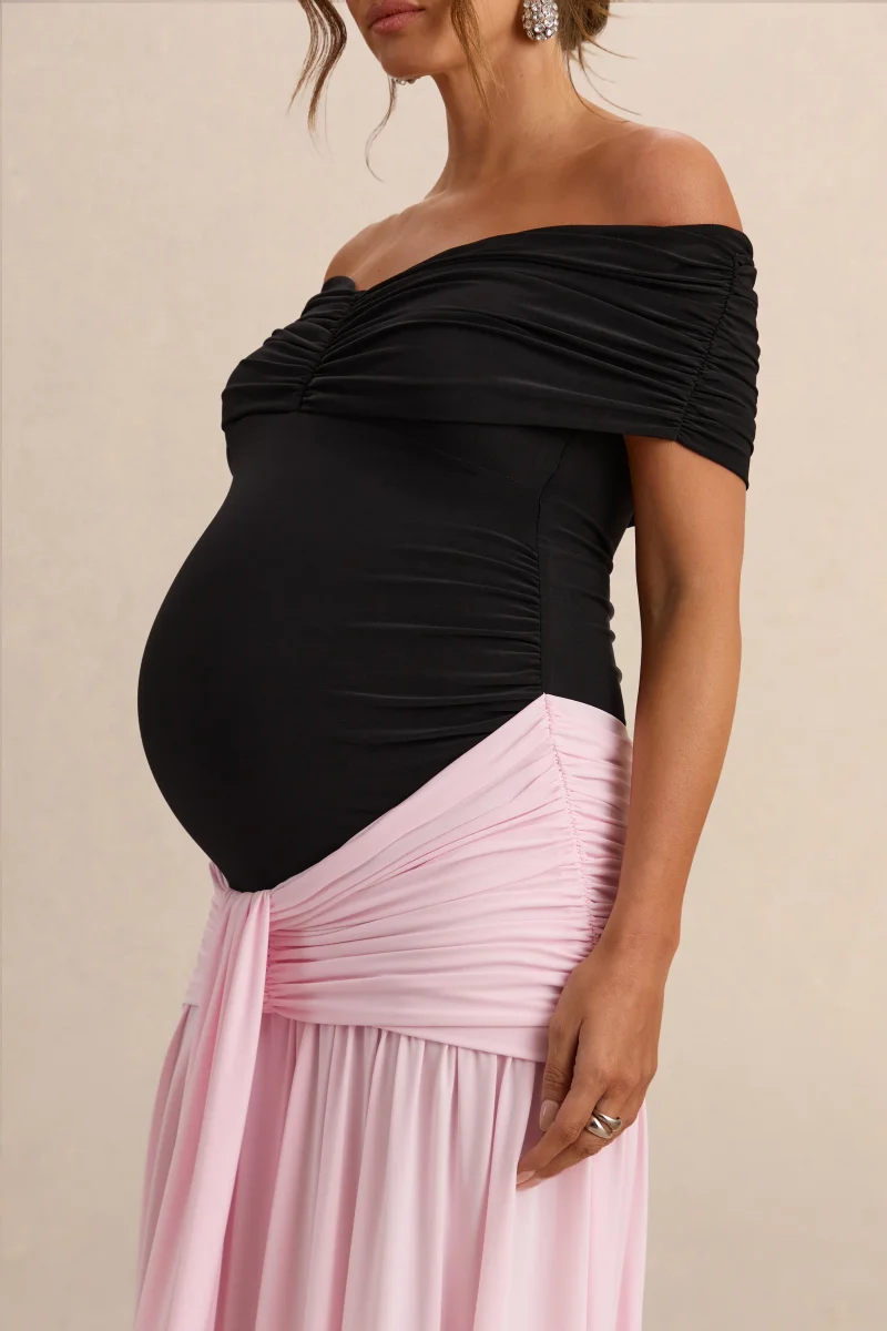 Eudora | Vestido Largo Premamá Negro Y Rosa Pastel Con Escote Bardot Y Detalle Fruncido - Imagen 6