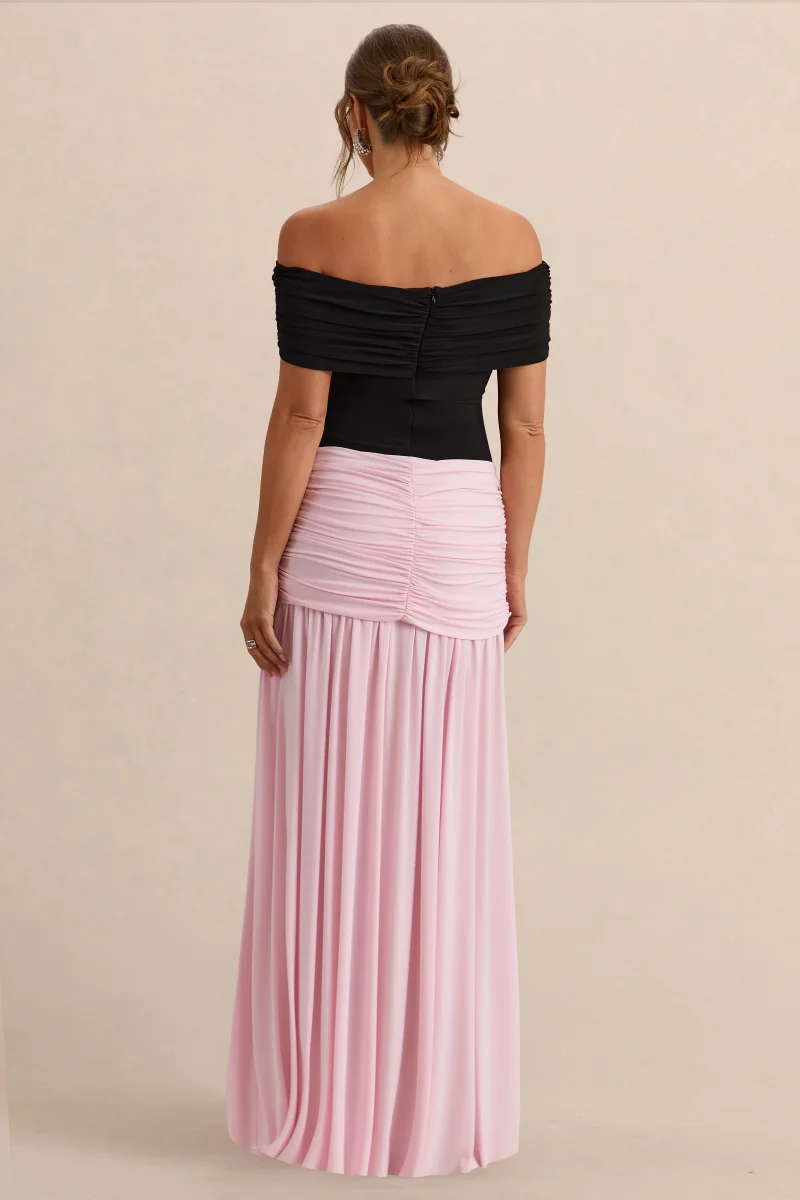 Eudora | Vestido Largo Premamá Negro Y Rosa Pastel Con Escote Bardot Y Detalle Fruncido - Imagen 3