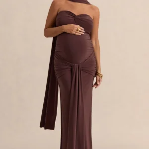 Faustina | Vestido Largo Premamá Marrón Oscuro Con Escote Palabra De Honor, Detalle De Pañuelo Y Detalle Fruncido