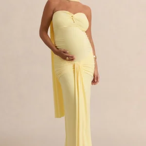 Faustina | Vestido Largo Premamá Limón Con Escote Palabra De Honor, Detalle De Pañuelo Y Detalle Fruncido