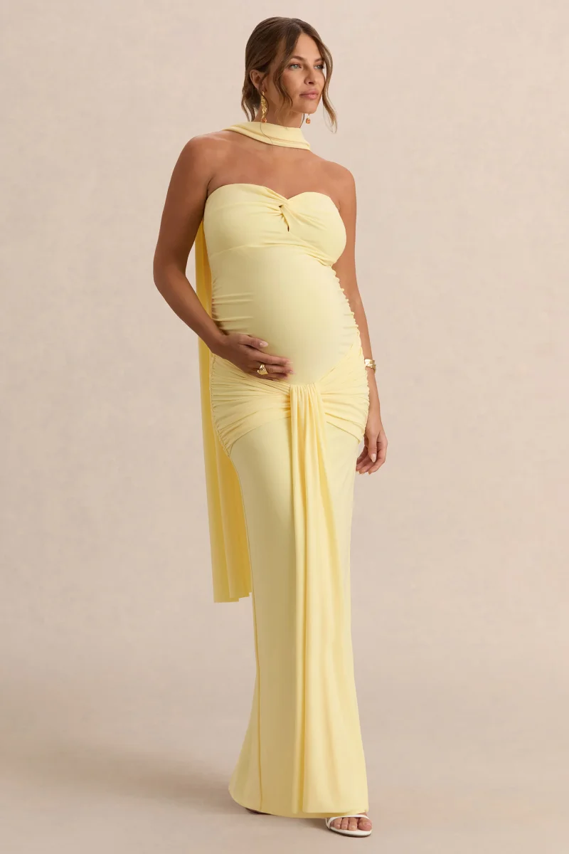 Faustina | Vestido Largo Premamá Limón Con Escote Palabra De Honor, Detalle De Pañuelo Y Detalle Fruncido