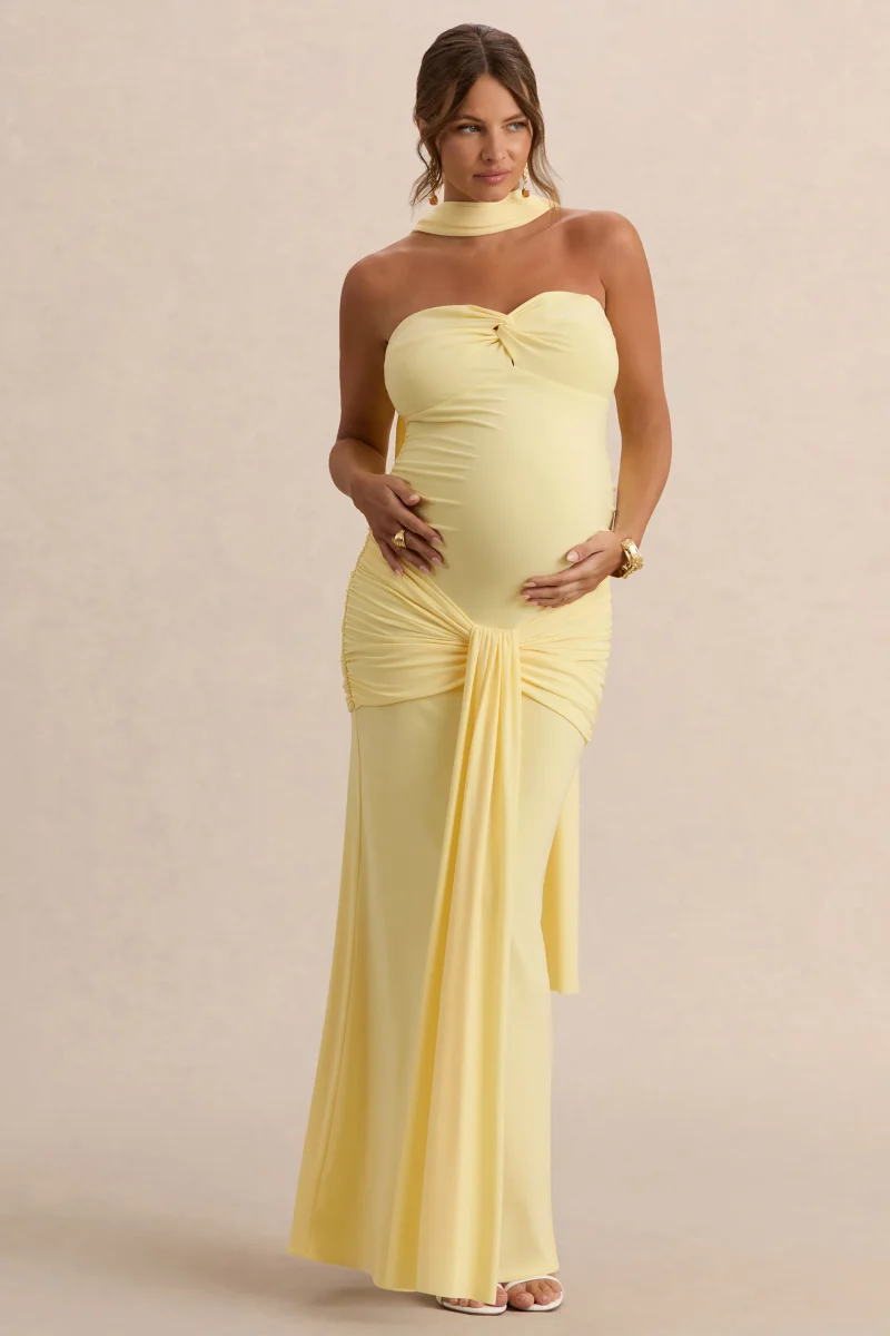 Faustina | Vestido Largo Premamá Limón Con Escote Palabra De Honor, Detalle De Pañuelo Y Detalle Fruncido - Imagen 5
