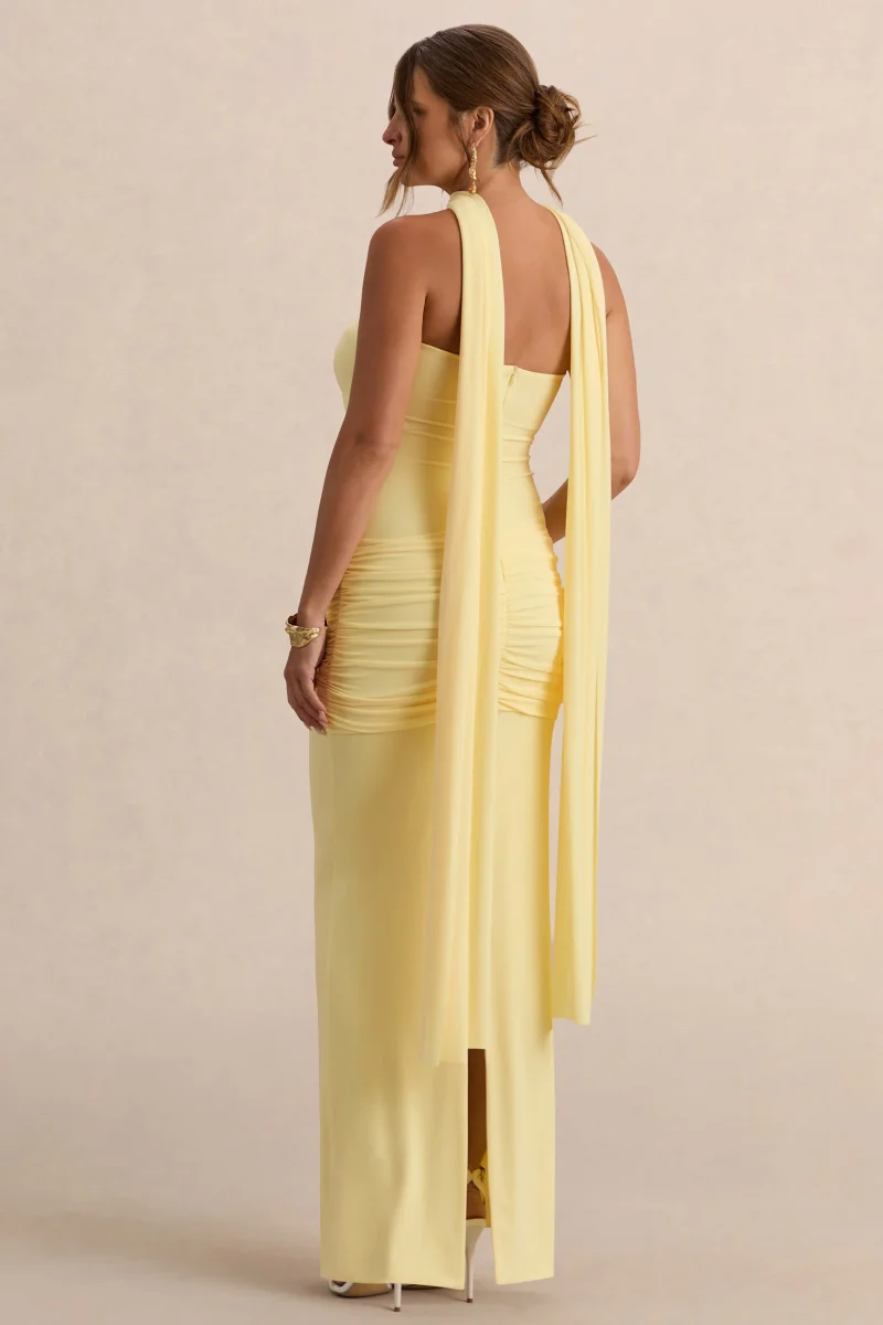 Faustina | Vestido Largo Premamá Limón Con Escote Palabra De Honor, Detalle De Pañuelo Y Detalle Fruncido - Imagen 3