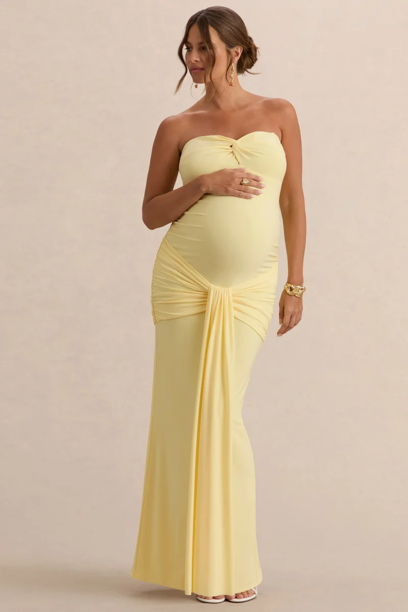 Faustina | Vestido Largo Premamá Limón Con Escote Palabra De Honor, Detalle De Pañuelo Y Detalle Fruncido - Imagen 6