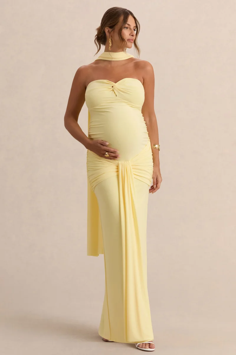 Faustina | Vestido Largo Premamá Limón Con Escote Palabra De Honor, Detalle De Pañuelo Y Detalle Fruncido - Imagen 7