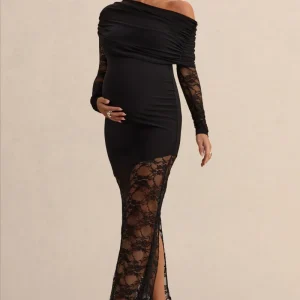 Giuliana | Negro Vestido Largo Premamá Con Escote Asimétrico Y Detalle De Encaje