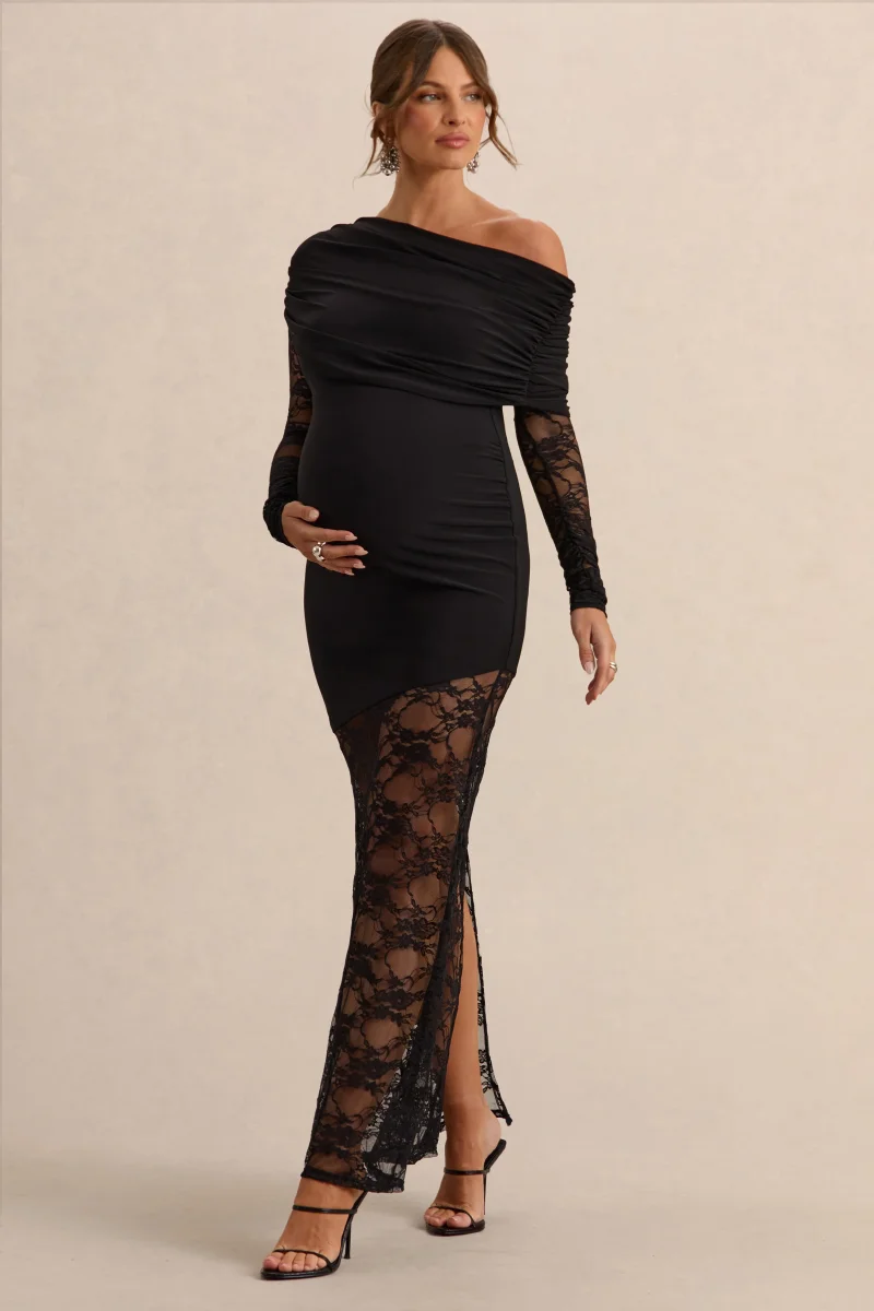 Giuliana | Negro Vestido Largo Premamá Con Escote Asimétrico Y Detalle De Encaje