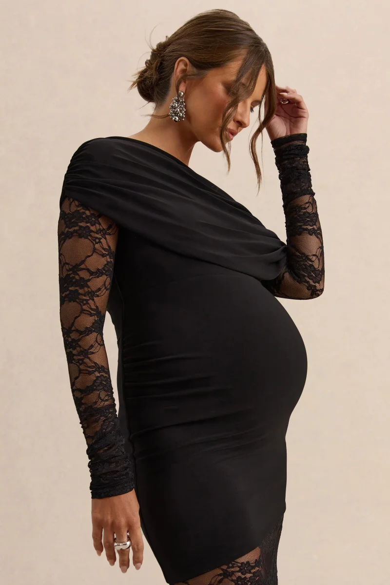 Giuliana | Negro Vestido Largo Premamá Con Escote Asimétrico Y Detalle De Encaje - Imagen 4