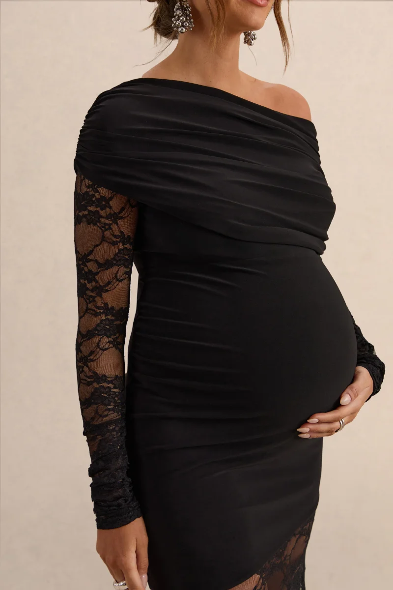 Giuliana | Negro Vestido Largo Premamá Con Escote Asimétrico Y Detalle De Encaje - Imagen 6