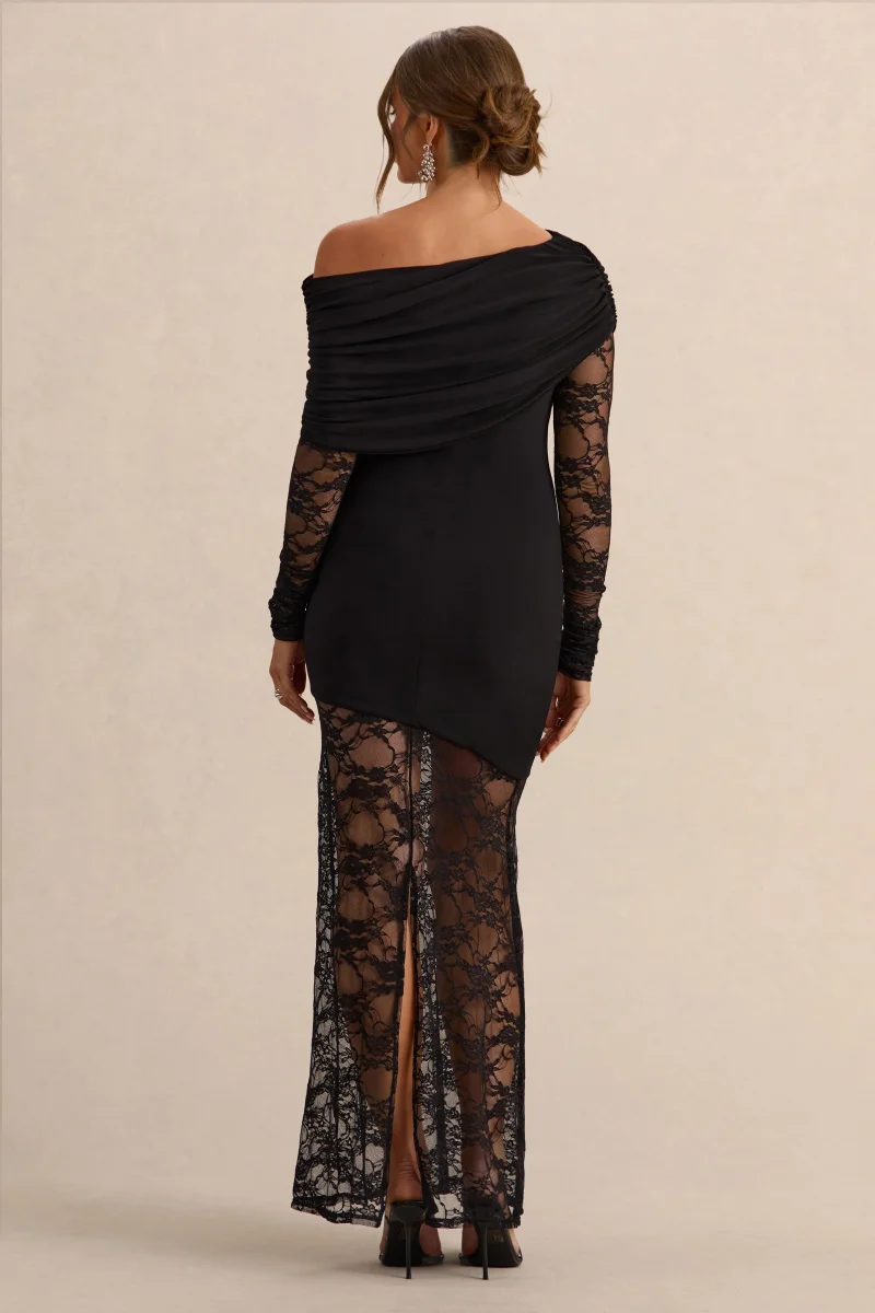 Giuliana | Negro Vestido Largo Premamá Con Escote Asimétrico Y Detalle De Encaje - Imagen 3