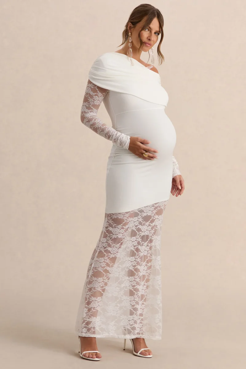 Giuliana | Vestido Premamá Largo Blanco De Cuello Asimétrico Con Encaje - Imagen 5