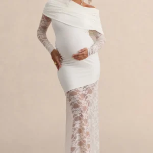 Giuliana | Vestido Premamá Largo Blanco De Cuello Asimétrico Con Encaje