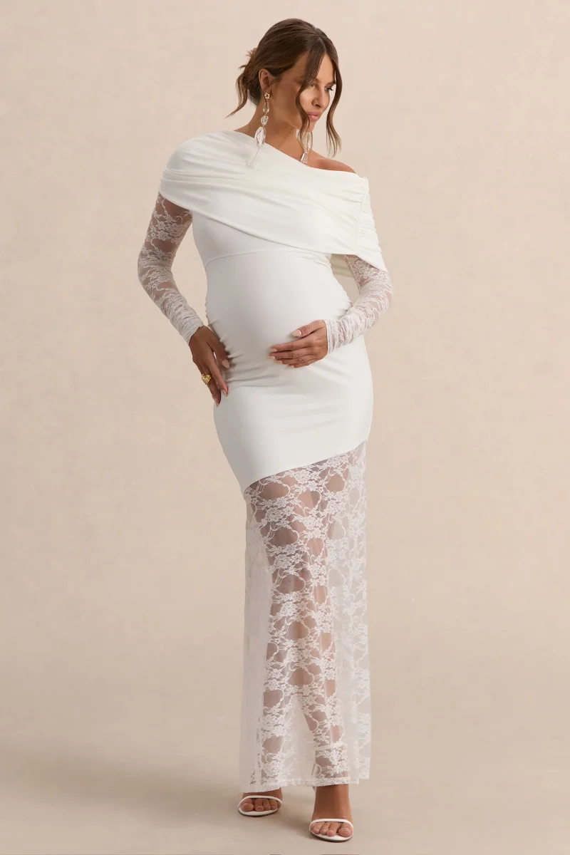 Giuliana | Vestido Premamá Largo Blanco De Cuello Asimétrico Con Encaje