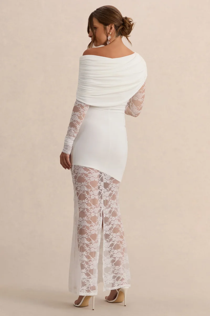 Giuliana | Vestido Premamá Largo Blanco De Cuello Asimétrico Con Encaje - Imagen 3