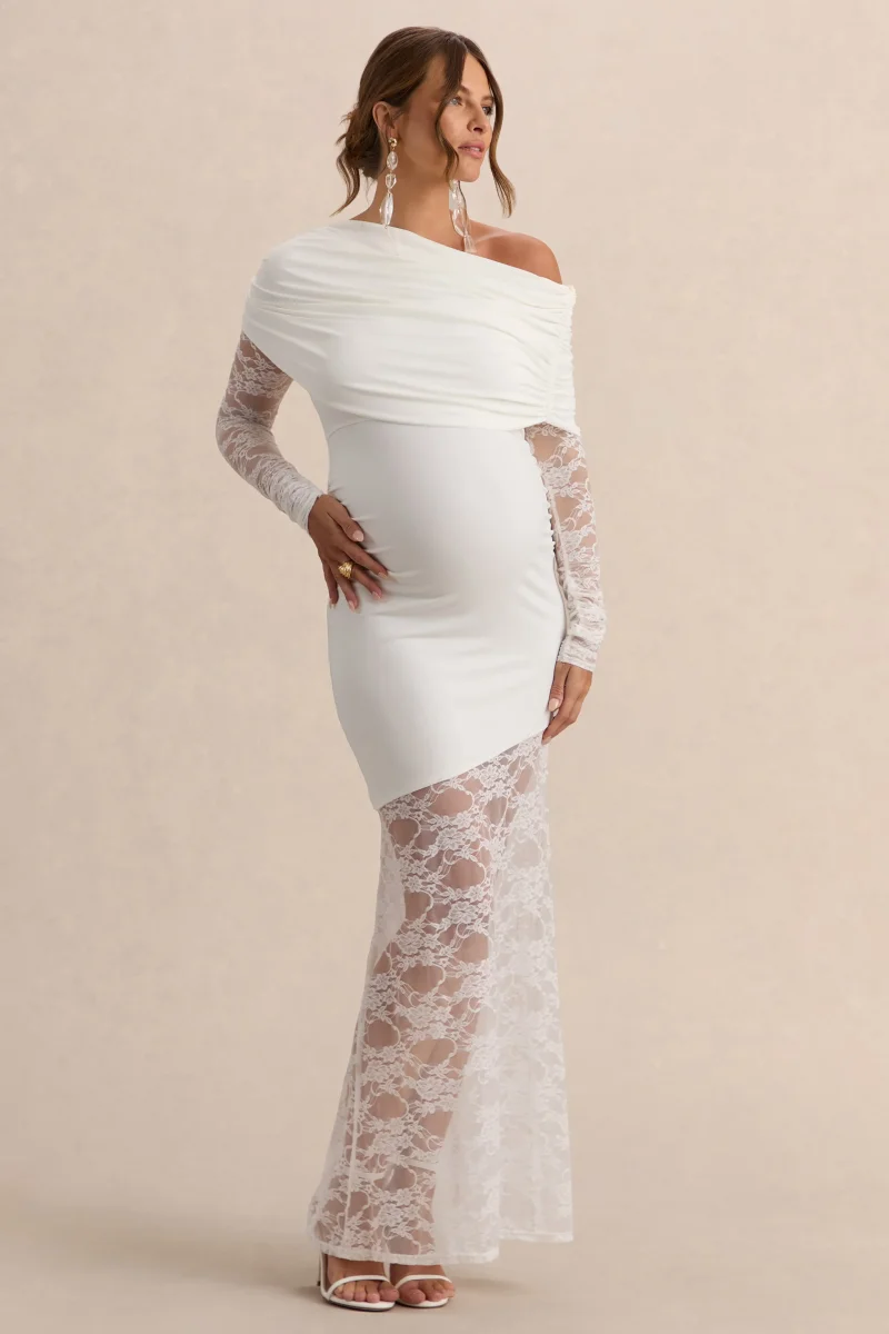 Giuliana | Vestido Premamá Largo Blanco De Cuello Asimétrico Con Encaje - Imagen 6