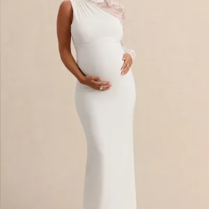 Hartley | Vestido Premamá Largo Blanco De Cuello Alto Con Encaje