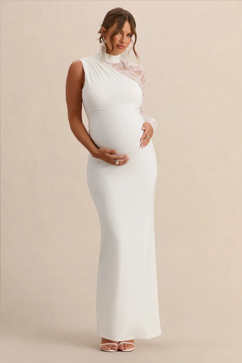 Hartley | Vestido Premamá Largo Blanco De Cuello Alto Con Encaje