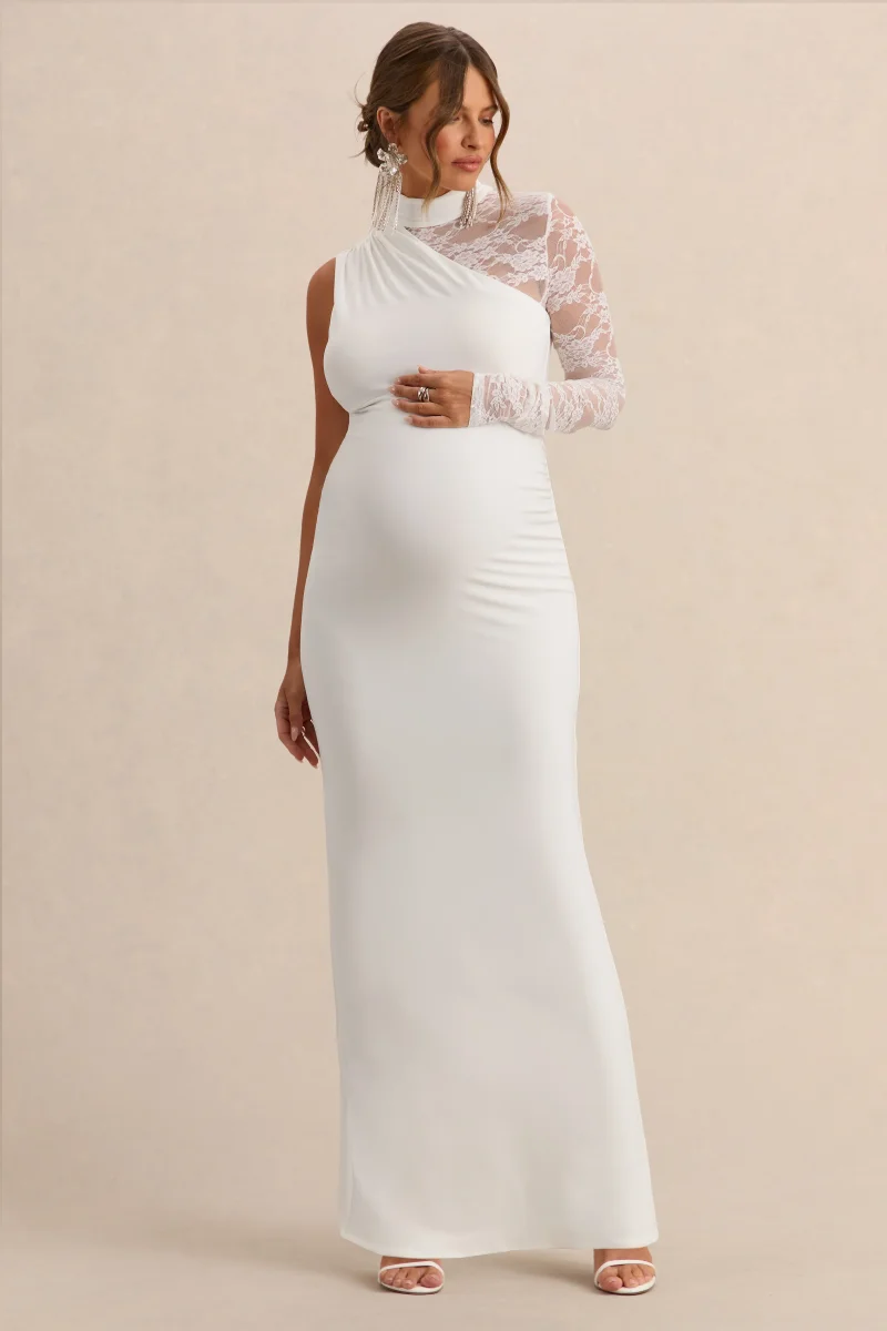 Hartley | Vestido Premamá Largo Blanco De Cuello Alto Con Encaje - Imagen 5