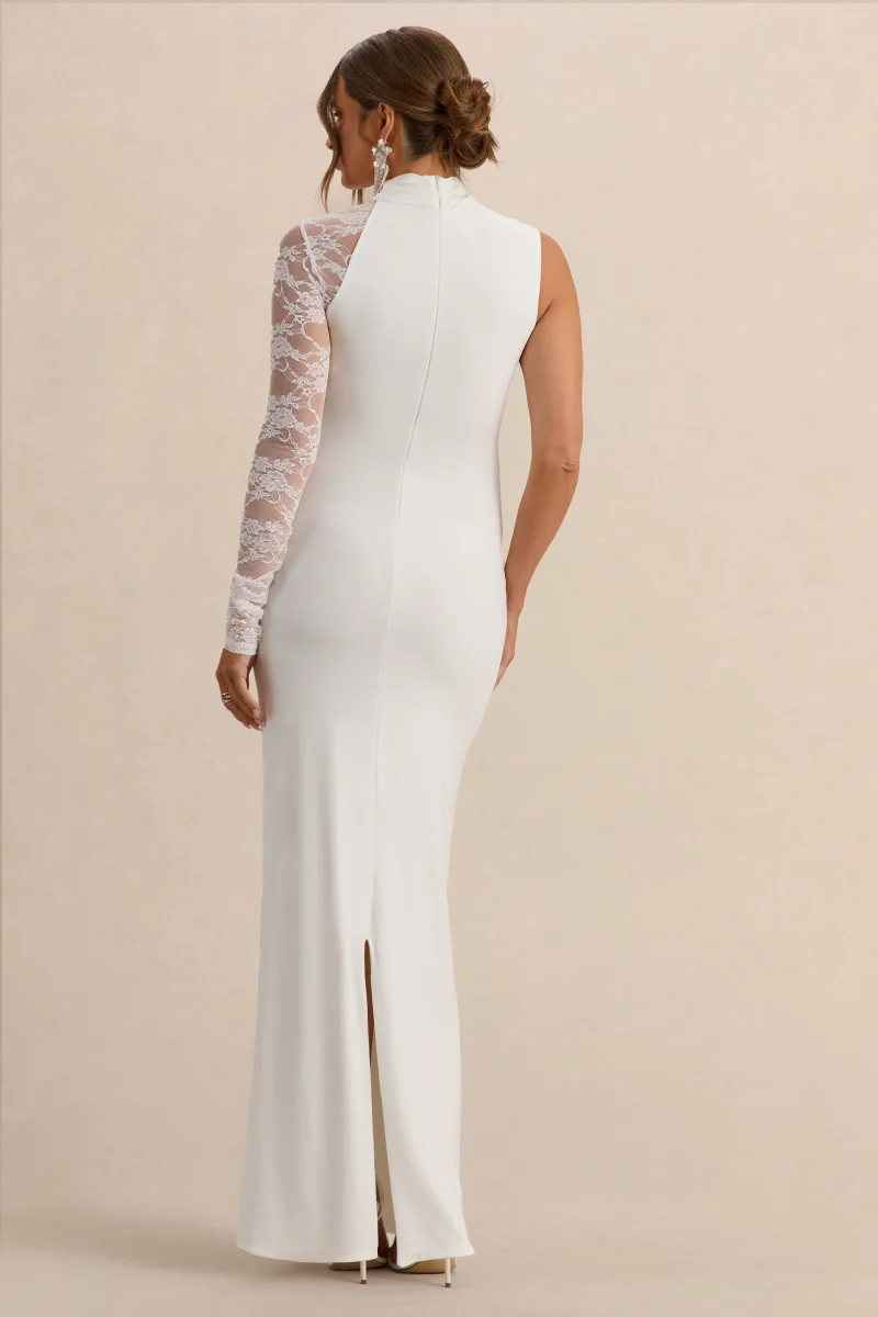 Hartley | Vestido Premamá Largo Blanco De Cuello Alto Con Encaje - Imagen 3