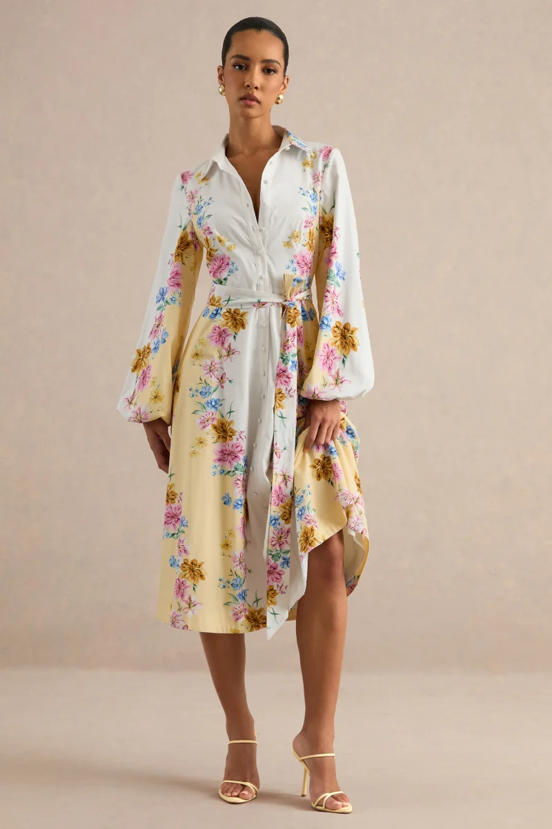 Moira | Vestido midi con estampado floral en tonos limón y mangas acampanadas - Imagen 4