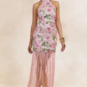 Lerisa | Vestido Mini Rosa Floral De Encaje Con Cuello Halter Y Flecos