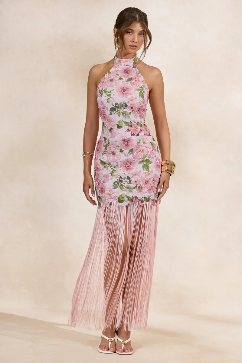 Lerisa | Vestido Mini Rosa Floral De Encaje Con Cuello Halter Y Flecos - Imagen 4