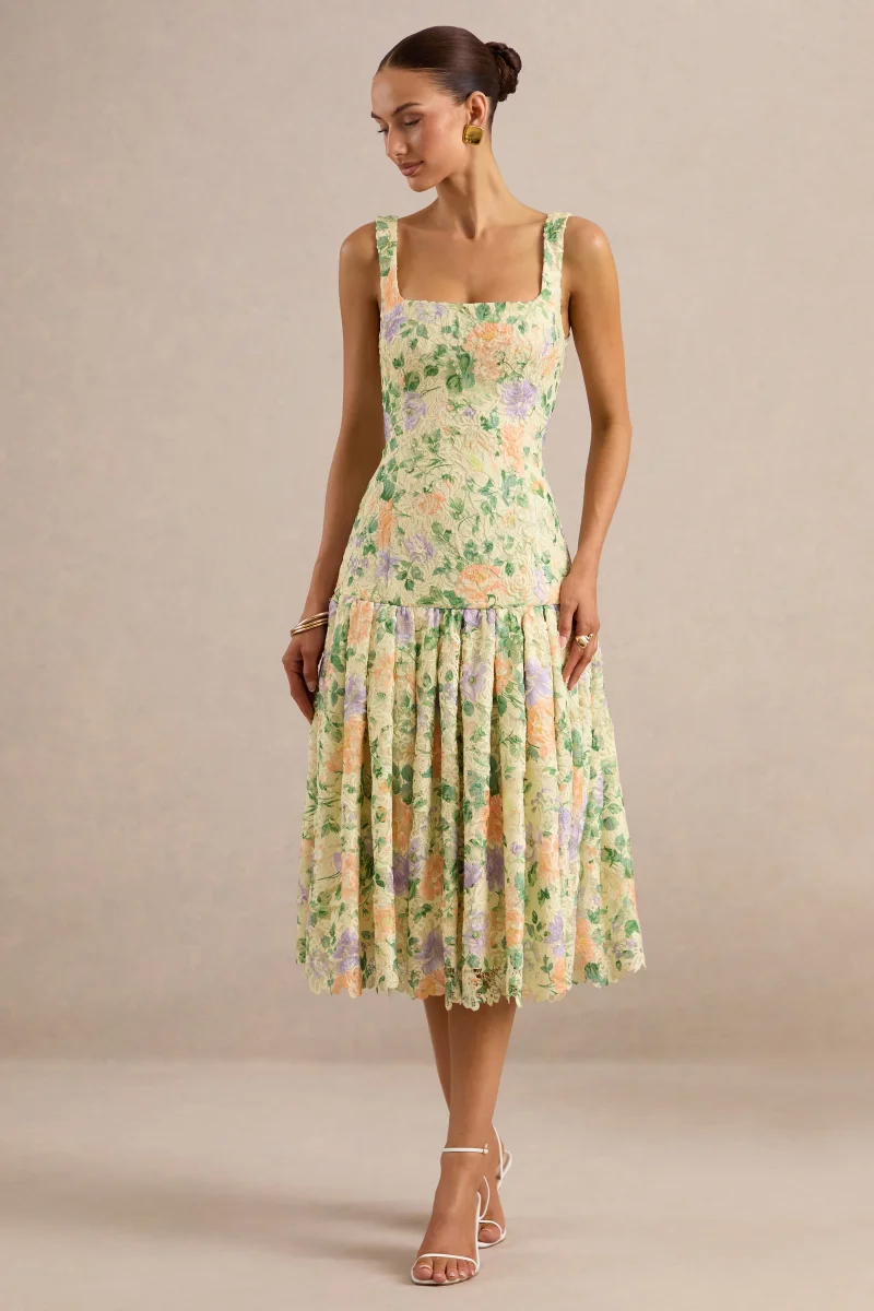 Lumara | Vestido Midi Limón Floral De Encaje Con Escote Cuadrado Y Cadera Caída - Imagen 7