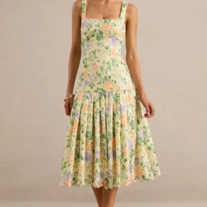 Lumara | Vestido Midi Limón Floral De Encaje Con Escote Cuadrado Y Cadera Caída