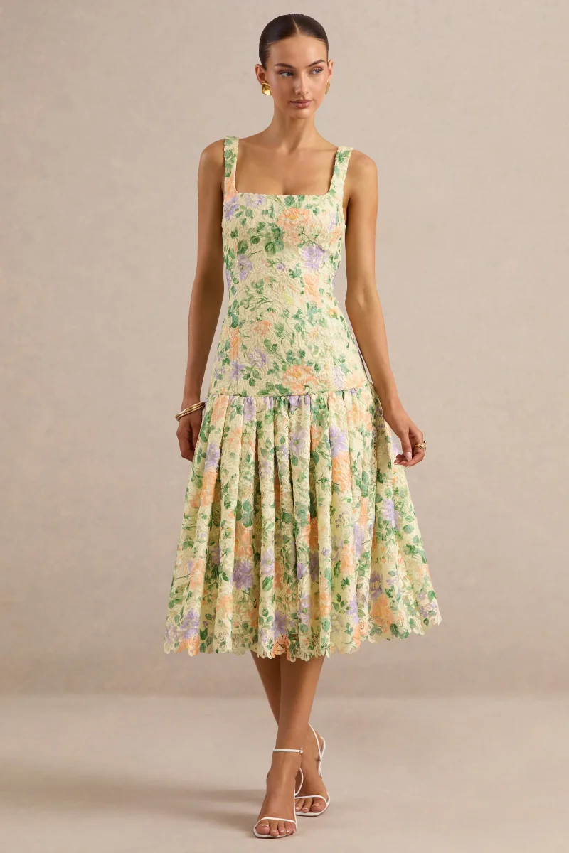 Lumara | Vestido Midi Limón Floral De Encaje Con Escote Cuadrado Y Cadera Caída - Imagen 2