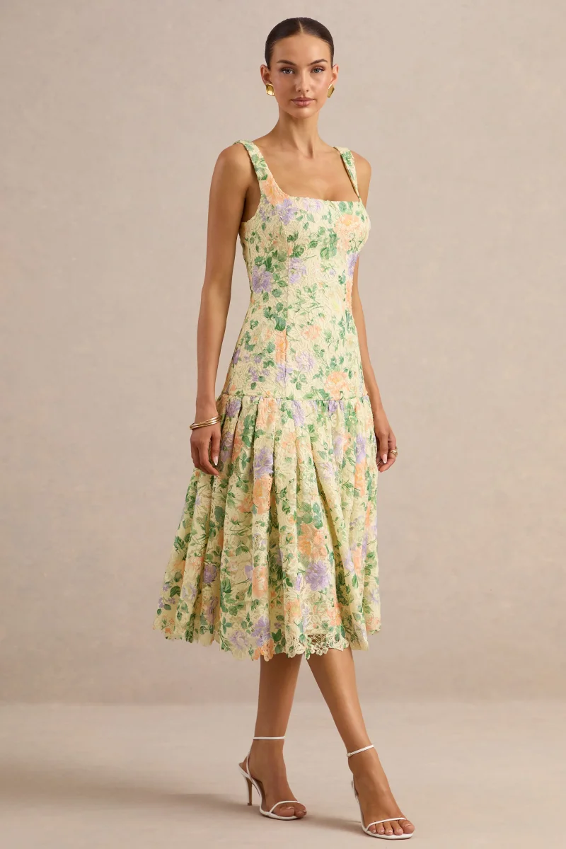 Lumara | Vestido Midi Limón Floral De Encaje Con Escote Cuadrado Y Cadera Caída - Imagen 5