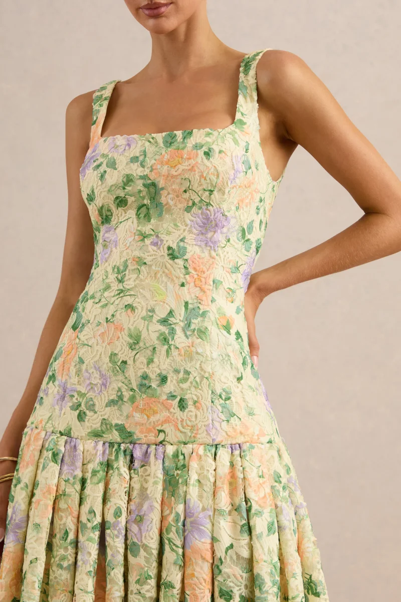 Lumara | Vestido Midi Limón Floral De Encaje Con Escote Cuadrado Y Cadera Caída - Imagen 4