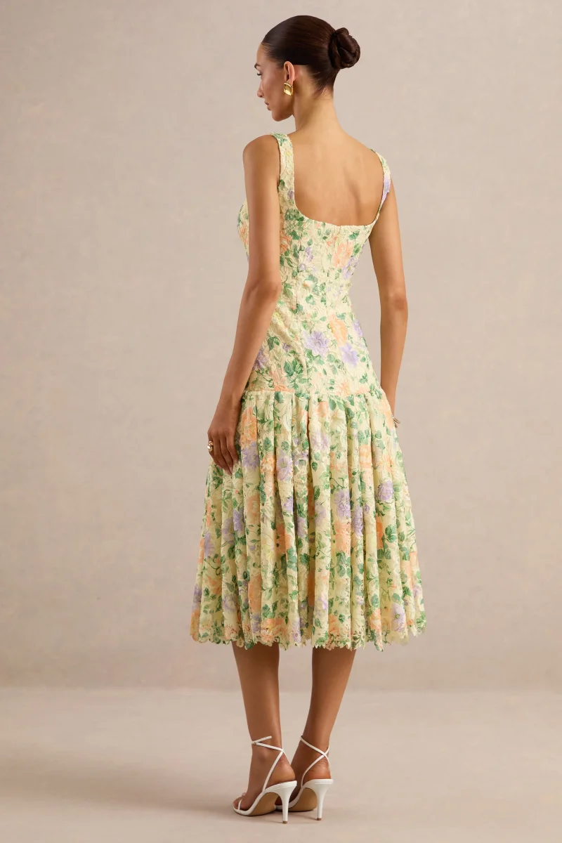 Lumara | Vestido Midi Limón Floral De Encaje Con Escote Cuadrado Y Cadera Caída - Imagen 3