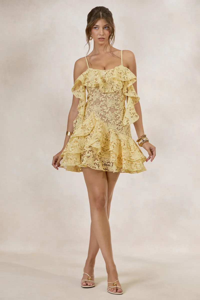 Lyris | Limón Vestido Corto de Encaje con Volantes - Imagen 5