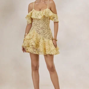 Lyris | Limón Vestido Corto de Encaje con Volantes